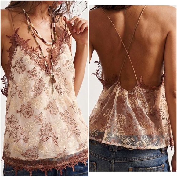Boho Floral Embroidered Lace Criss Cross Back Cami Tank Top - Picture 1 of 6